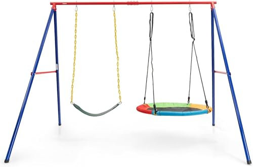 DREAMADE Balançoire pour Enfants 3+ Ans & Adultes, Charge Max. 300KG avec Support de Balançoire et 2 Siège de Balançoires (Rouge 2 Places, Ensemble)