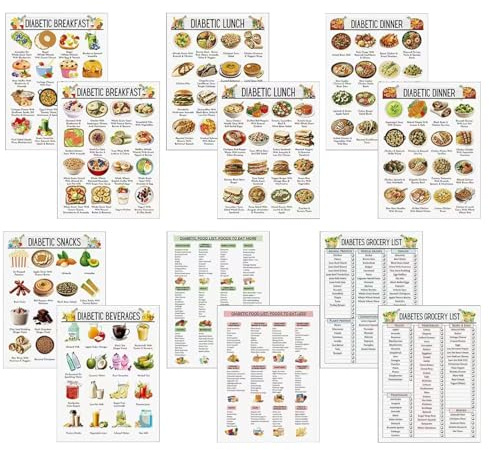 12 st diabetisk matlista diagram - detaljerad broschyr för matlista, måltidsplanaffisch, glykemiskt indexlista med låg socker, näringsguide för hemsjukhus reseföretag