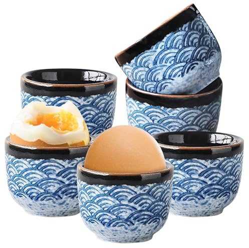 GOMETY 6er Set Eierbecher Porzellan, Keramik Eierbecher Vintage Blau Overeglaze Bunt Eierbecher Porzellan Eierständer Eierhalter für Gekochten Eiern Frühstück Spülmaschinenfest (6, Hellblau)
