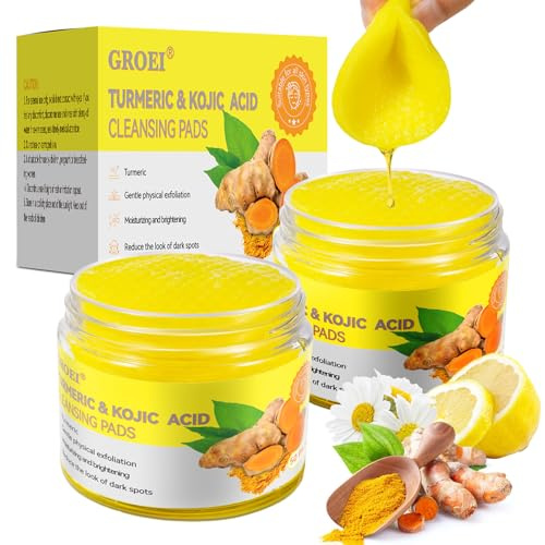 Kojic Acid and Turmeric Pads, Turmeric Cleansing Pads with Vitamin C, Exfoliating Toner Pads for Dark Spots & Uneven Skin Tone for All Skin Types (50 Count x 2)