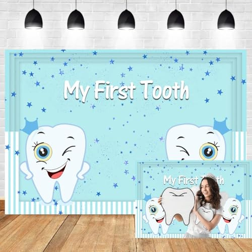 7x5ft My First Tooth Backdrop Blue Stars Cute Teeth Photography Background Toothpaste Toothbrush Backdrops for 1st Tooth Party Decorations Supplies Baby Shower 1st Birthday Banner Photo Booth Props