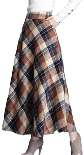 Jupe longue plissée en laine à carreaux pour femme - Taille élastique - Jupe tartan d'hiver décontractée - Longueur genou, kaki, Taille 3XL