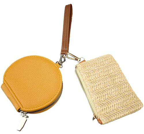 Diakey nyckelring plånbok handledsväska plånböcker för kvinnor, avtagbar dubbel påse armband bärbar PU-läder dragkedja runt myntbörs och liten halmvävd påse, Ljusgul + gul