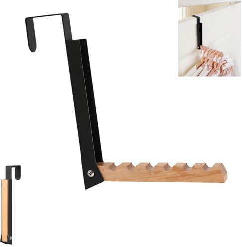 Zpeiran Gancho Plegable para Puerta Sin Taladrar,Perchero Colgador con 6 Ganchos para Perchas,Soporte de Metal y Madera para Puerta Armario Baño Dormitorio y Gabinete