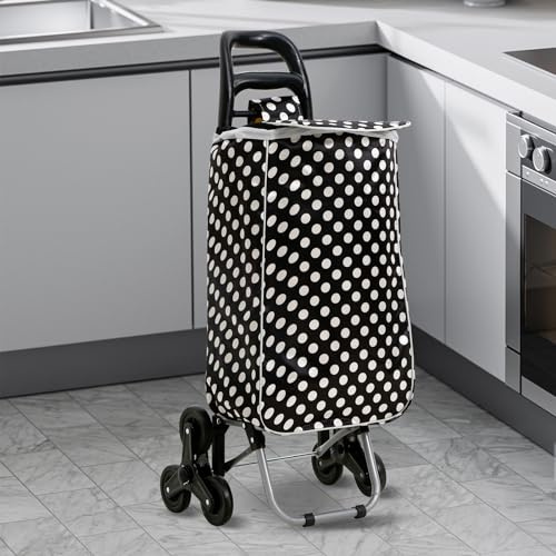 Stair Climbing Shopping Cart with Tri-Wheel Design, Foldable Trolley Bag with Foam Handle 40L (polka Black)