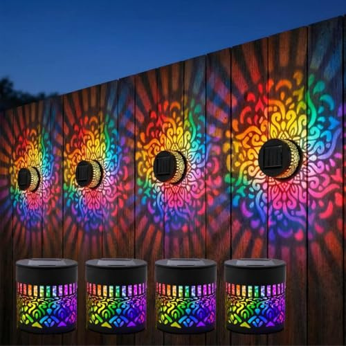 Xheemzce Solar Mandala Wall Lights, Seven‑Color Changing Outdoor Decorative Projection Lamp, Waterproof Metal Fence Light for Yard Garden Patio Backyard Post