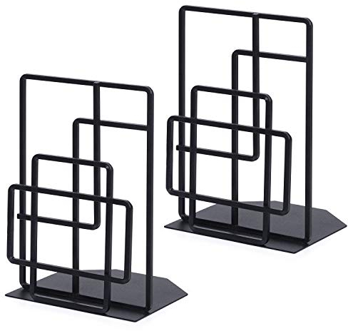 SRIWATANA Buchstützen Metall Schwarz Buchhalter rutschfest Kratzfest, Geometrisches Künstlerisches Design, Ideal für die Organisation von Büchern Zeitschriften CDs usw. 1 Paar
