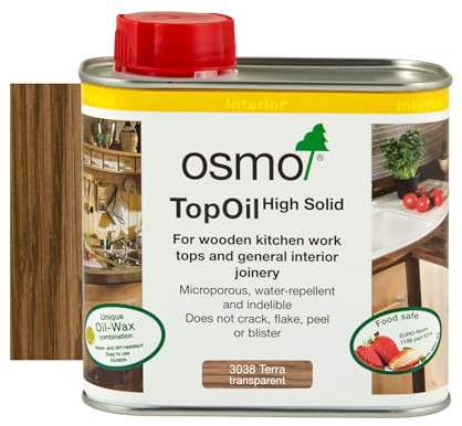 Osmo TopOil - High Solid Oil 3038, Terra Satin, 500ml - Durable Wood Oil for Kitchen Worktops, Water-Resistant, Wood Treatment & Wood Finish