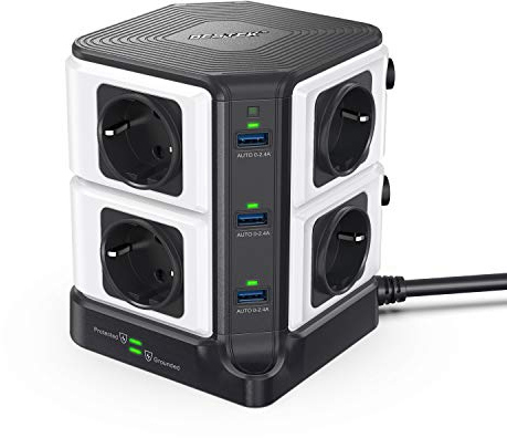 BESTEK mehrfachsteckdose 3m 8 Fach Steckdosenleiste mit überspannungsschutz 1500j, 6 USB (36W) Steckdosenverteiler, steckdosen Turm Blitzschutz, 3600w/16A,schwarz
