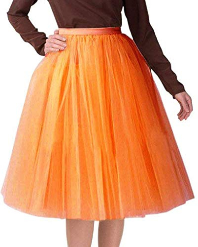 Xmiral Damen Tüll Tutu Rock Plissee Gaze Reine Farbe Knielanges Elastisch Taille Tanzenrock(Orange,One Size)