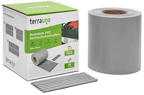 TerraUno - Premium Sichtschutzstreifen für Doppelstabmattenzaun - Gartenzaun I 50mx19cm inkl. 30 Clips I Grau I PVC Sichtschutz für den Zaun