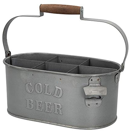 AKTIVE Panier en Métal pour 6 Bouteilles avec Décapsuleur Intégré, design Rustique Vintage Vieilli, Poignée en Bois, Idéal pour Barbecue, Pique-Nique, Camping, Jardin ou Comme Cadeau Décoratif (79014)