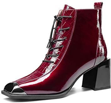 TinaCus Women's Patent Leather Handmade Square Cap-Toe Mid Chunky Heel Side Zipper Ankle Boots with Band (burgundy, US8)