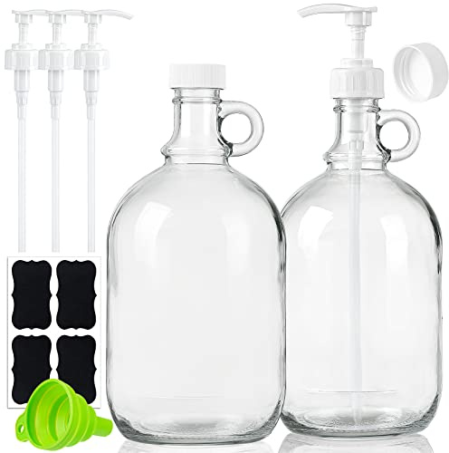 Sovietiep 2 Pack 64 Oz Laundry Detergent Dispenser with Pump and Lid - Half Gallon Glass Pump Bottle for Laundry Soap Dispenser, Liquid Detergent, Fabric Softener Dispenser - Extra Label, Funnel