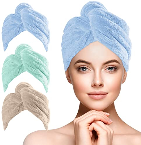 URAQT Haarturban Handtuch, 3 Stück Mikrofaser Turban Handtücher Schnelltrocknend Handtuch, Damen Haarturban Verdreht mit Knopf für Handtücher Frauen Mädchen Lange Lockiges Nasses Alle Haartypen(C)