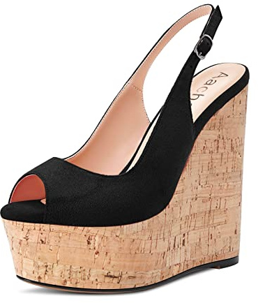 Aachcol Femmes Compensé Plate-Forme Escarpins Ouvert Bout Lanières Cheville Slingback Sangle arrière Haut High Talon Heel Dress Chaussures Sandales Suède Noir 15 CM 38 EU