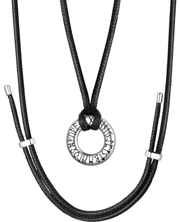 FaithHeart Colgante Hombre Runas Vikingas Acero Inoxidable 316L Cadena Negra Cordon Cuero Encerado Ajustable Flexible Joyería Gótica Mitología Nórdica