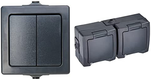 Kopp Nautic Serienschalter, Aufputz, 250V (10A), anthrazit & Nautic 2-fach Schutzkontakt-Steckdose mit Klappdeckel und erhöhtem Berührungsschutz,16A, 250V/AC, IP44, anthrazit, 137015003