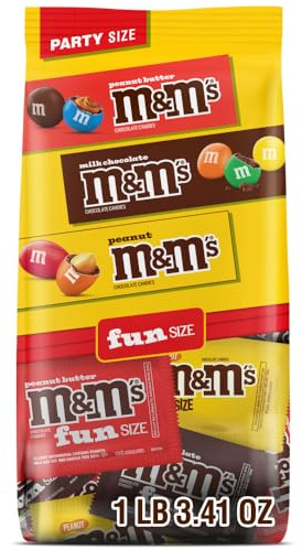 M&M'S Milk Chocolate, Peanut & Peanut Butter Fun Size Variety Pack, Party Size, 19.41 Oz Bulk Candy Bag