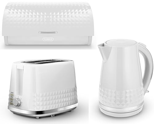 Tower Solitaire White 1.5L 3KW Jug Kettle, 2 Slice Toaster & Bread Bin. Contemporary Design Matching Kitchen Set with Embossed Diamond Design