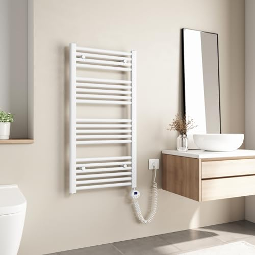 Heilmetz Termoarredo Elettrico Bagno 1000x500mm, Scaldasalviette Elettrico Bagno con Temperatura Regolabile, Termostato Intelligente, Radiatore Elettrico Basso Consumo da Parete Verticale, Bianco