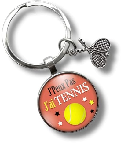 Porte-clés « J'peux pas, j'ai tennis» avec cabochon et breloque balle – cadeau pour tennisman - création