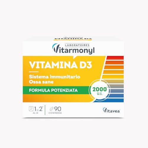 Vitamina D3 - Formula Potenziata 2000 UI - Integratore Difese Immunitarie - Assorbimento Calcio e Fosforo, Salute Ossa, Denti e Muscoli - Sistema Immunitario - 90 Compresse - Vitarmonyl