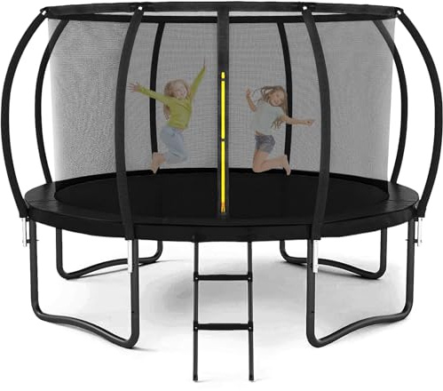 Liyarya 12FT Trampoline for Kids/Adults - Outdoor Trampolines with Enclosure Net Curved Poles and Ladder, Heavy Duty Trampoline for Backyard, Anti-Rust Coating Leg, ASTM Approval