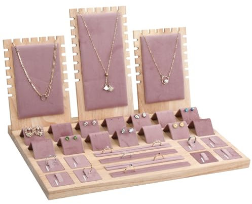 Espositore per Gioielli in Bambù, Supporto per Vetrina Collane, Portagioie con Vassoio, Porta Orecchini Organizer in Velluto, Portaoggetti Anelli Vetrina per Bracciali Bancone del Negozio (Rosa)