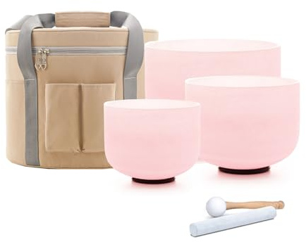 Hye-eun Pink Crystal Singing Bowls Set,432hz 8G 10F 12C 3pcs Chakra Bowl