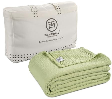 Threadmill Muslin Queen Blankets | Soft, Cozy and Breathable Muslin Throw for Bed | 4-Layer Gauze Blanket for All Seasons | Lightweight Blanket Fits Full Size Bed | Sage Green