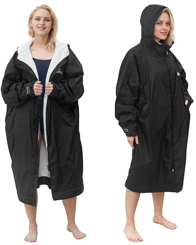 Catalonia Classy Waterproof Changing Robe, Oversized Swim Beach Dry Coat with Fleece Lining, Two Bare Feet Regatta Parka for Adult Womens, Black, M-L