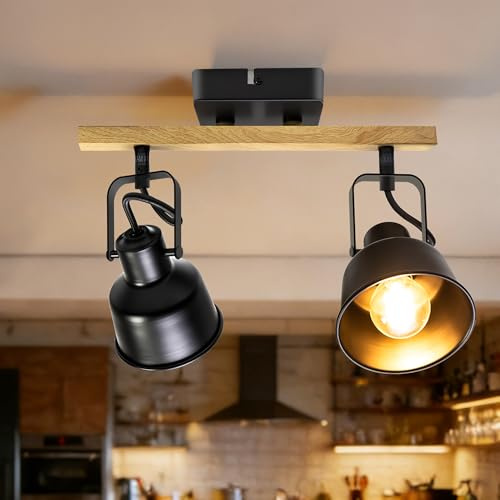 Deckenstrahler 2 Flammig, Schwenkbar 350°, Vintage Deckenlampe LED Deckenleuchte, E14 Fassung Industrial Holzmaserung Spotbalken für Küche, Wohnzimmer, Schlafzimmer, Schwarz (Ohne Leuchtmittel)