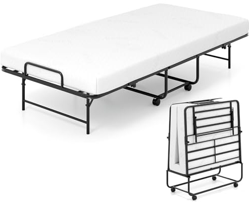 Multigot Folding Bed with 10cm Thick Memory Foam Mattress and Wheels | Portable Rollaway Sleeper Bed, Metal Frame Foldable Single Beds Compact Fold up Guest Beds for Home Office Camping