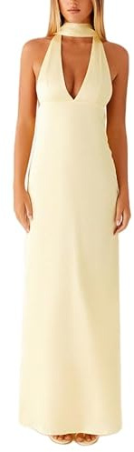 Vestido de verano sin mangas de tela de satén. Vestido largo sencillo de línea A con escote en la espalda, elegante ropa de noche para fiestas y cócteles, amarillo, S