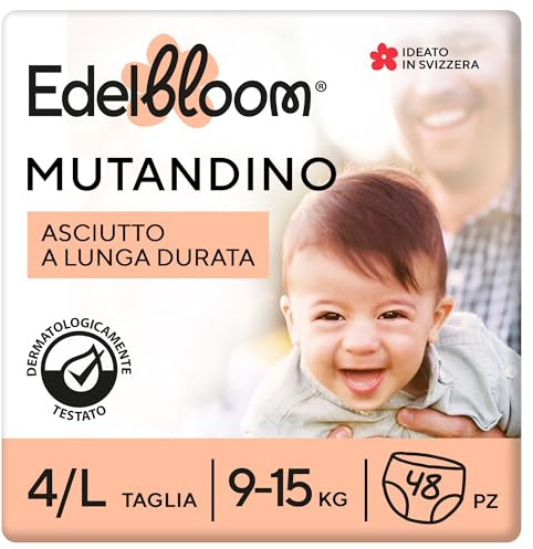 Edelbloom Premium 48 blöjbyxor storlek 4 (9–15 kg), ultra absorberande och andas, allergivänliga, extra mjuka och mjuka för spädbarn, dermatologiskt testade, säkert läckageskydd, för dag och natt