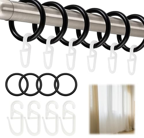 100 Stück Gardinenringe Mit Haken,Vorhang Hängend Ringe und 100 Stück Kunststoff Gardinenhaken, Vorhangringe Mit Haken,Gardinen Ringe für 30 mm Innendurchmesser, für Fenstervorhang(Schwarz)