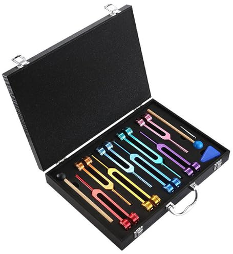 Solfeggio Stimmgabel Set 8 Stück (126.22~270.20 hz), Aluminium Stimmgabel Set mit Ungewichtet, 2 Hämmern, Reinigungstuch & Aufbewahrungsbox, Zu therapeutischen Zwecken, Klangheilung zu Hause,Yoga