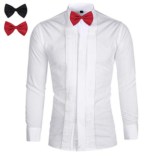 Sliktaa Mens Dress Shirt Evening Wedding Tuxedo Dinner Shirts Pleated Fold Down Collar Shirt Classic Slim Fit, M, White