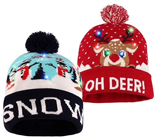 JOKBEN 2PCS LED Christmas Hats, LED Light Up Christmas Hat, Light Up Knitted Santa Hat, Light Up Xmas Hat - Christmas Hats New Year Party Hats for Kids, Adults