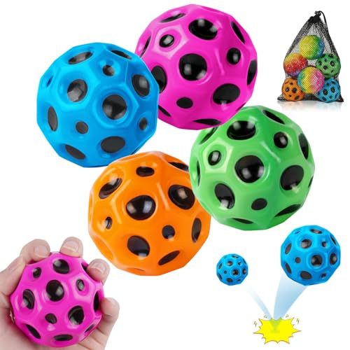 OSDUE Balle de Rebond en PU, 4 Pièces Space Bouncy Jump Ball Balle Rebondissante pour Intérieur Extérieur Jeux Moon Bouncing Bounce Ball