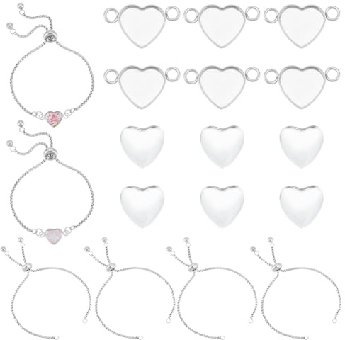 UNICRAFTALE 6 Sets DIY Blank Heart Link Bracelet Making Kit 304 Stainless Steel Heart Cabochon Connector Settings Adjustable Slider Bracelet with Ball Ends with Cabochons for Bracelet Making