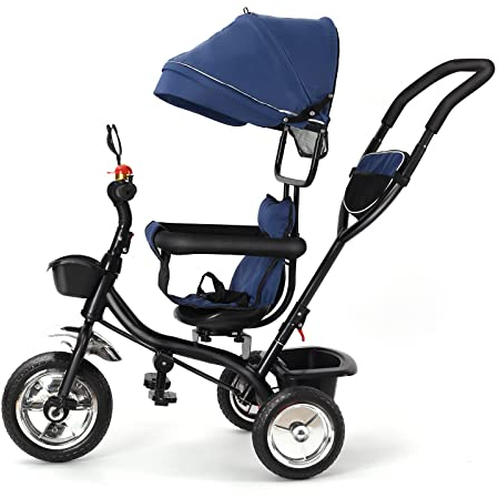 Blefoyer Babydreirad 4-in-1 Dreirad, erweiterbares Kinderdreirad, Pedal Dreirad Kinderwagen, abnehmbare Faltbare Sonnenblende und Verstellbarer Hauptstock, leise Räder(Navy blau)