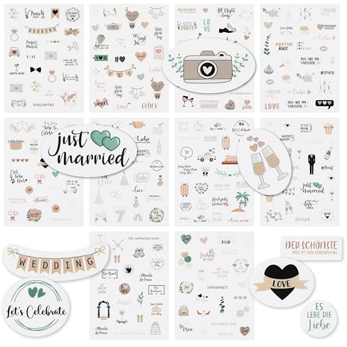 CraftWerk Hochzeit Sticker Gästebuch 250 Stk. - Aufkleber für Fotoalbum und Scrapbook - Hochzeitssticker als Deko mit Herz und Liebe