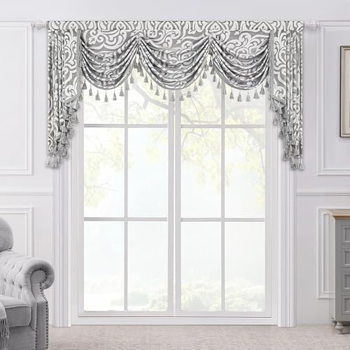 TOPLUXE Swag Valance Curtain for Bedroom, Dining Room, Living Room, Kitchen, Damask Short Curtain Waterfall Valance Curtain for Windows, 1 Piece (Width 200 cm, Grey & White)