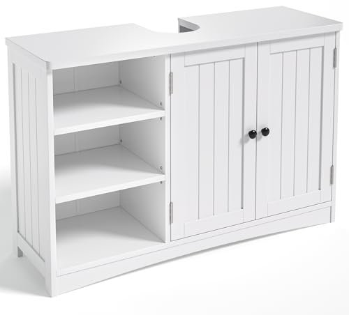 Bealife Meuble sous Lavabo 90x30x60 cm – Placard Salle de Bain avec 2 Portes, 5 Compartiments, Étagère Réglable, Rangement Spacieux, Fermeture Magnétique, Imperméable – Blanc