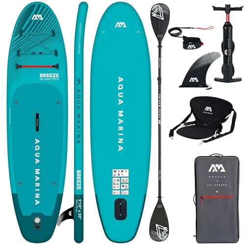 CampSup Aqua Marina Breeze 9 '10 tum – uppblåsbar SUP-bräda allround 2-i-1 med kajaksits och dubbelpaddlar – paddle board set för nybörjare och avancerade – komplett set med pump, ryggsäck och leash