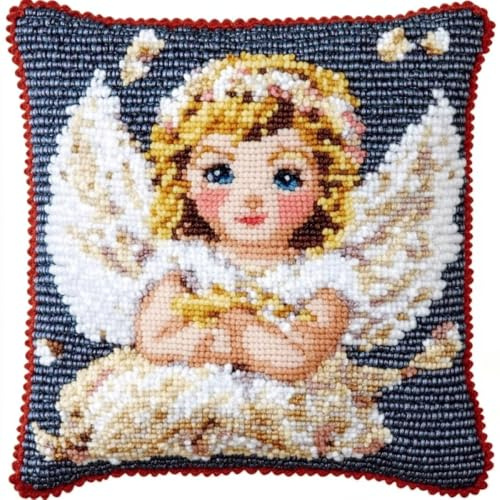Kit De Almohada Con Aguja De Cierre Angelito De Dibujos Animados Kit De Aguja De Pestillo Para Almohada,Alfombra Diy,Kits Para Hacer Cojines De Ganchillo Con Lienzo De Patrón Preimpreso 17x17in