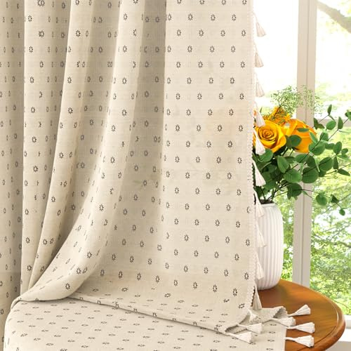 Xiazhilaio Daisy Semi Sheer Curtains 52 x 84 Inch, Set of 2, Light Filtering Cotton Linen Blend Rod Pocket Panels — Natural Beige Small Brown Floral with Tassels for Farmhouse Bedroom Living Room