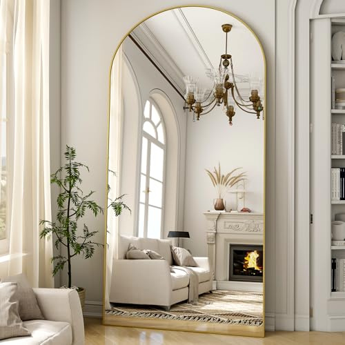 ZenoMirris Specchio per tutto il corpo 200x90 cm, Specchio da terra a forma di arco con cornice in alluminio – Specchio da terra e da parete da utilizzare in piedi, appoggiato o appeso, per camera da